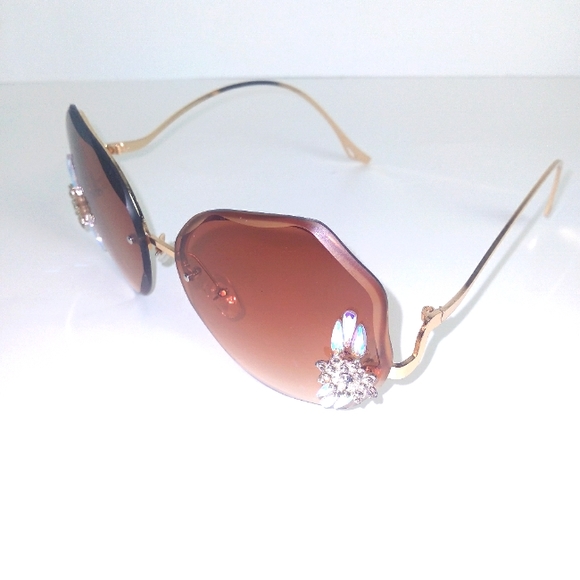 Rhinestone Rimless Brown & Gold Polygon Gradient Color Sunglasses New - Picture 6 of 8
